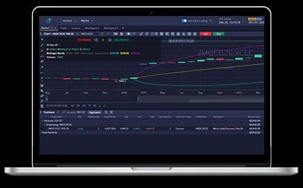 MacBook Pro displaying a futures trading platform interface with live market charts and trading tools on the screen.