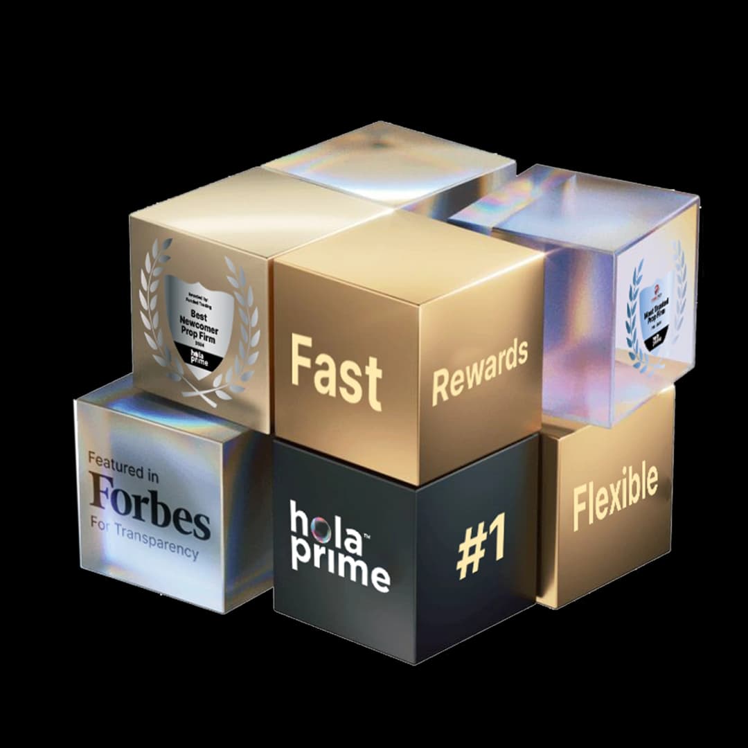Stacked metallic cubes with text like “Fast,” “Rewards,” “Flexible,” “#1” and the Hola Prime logo, plus award badges and a “Featured in Forbes” mark representing key partner values and recognitions.