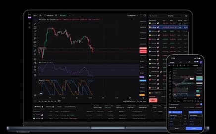Group of trading platform icons and screens showing multiple device interfaces for forex and CFD trading.